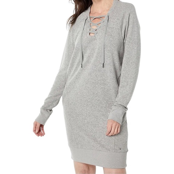 Prana Cozy Up Terry Dress XL Gray Hemp UV Lace Up Neck Sweatshirt pockets - Picture 1 of 6